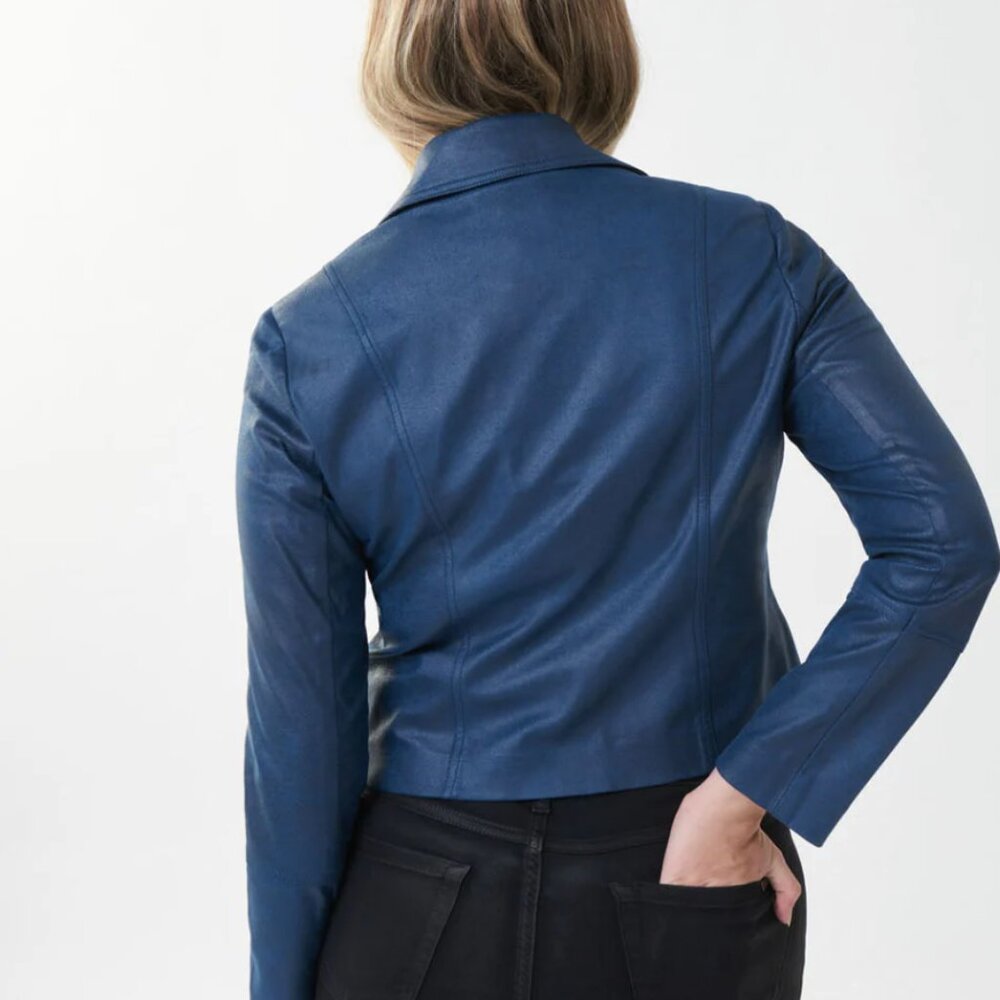 Joseph Ribkoff Studded Vegan Leather Jacket Blue - Picture 3 of 11